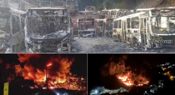 Incêndio deixa cenário de destruição em garagem de ônibus de Petrópolis